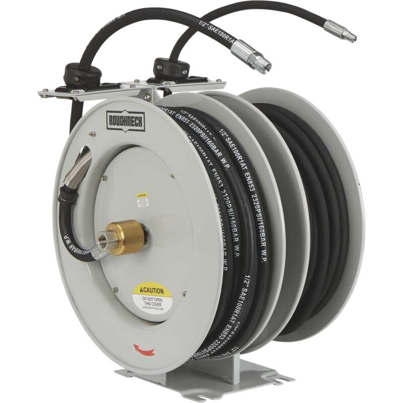 Roughneck Dual Grease Oil Hose Reel with 50ft Hoses 1/4in x 50ft Grease Hose 1/2in x 50ft Oil Hose