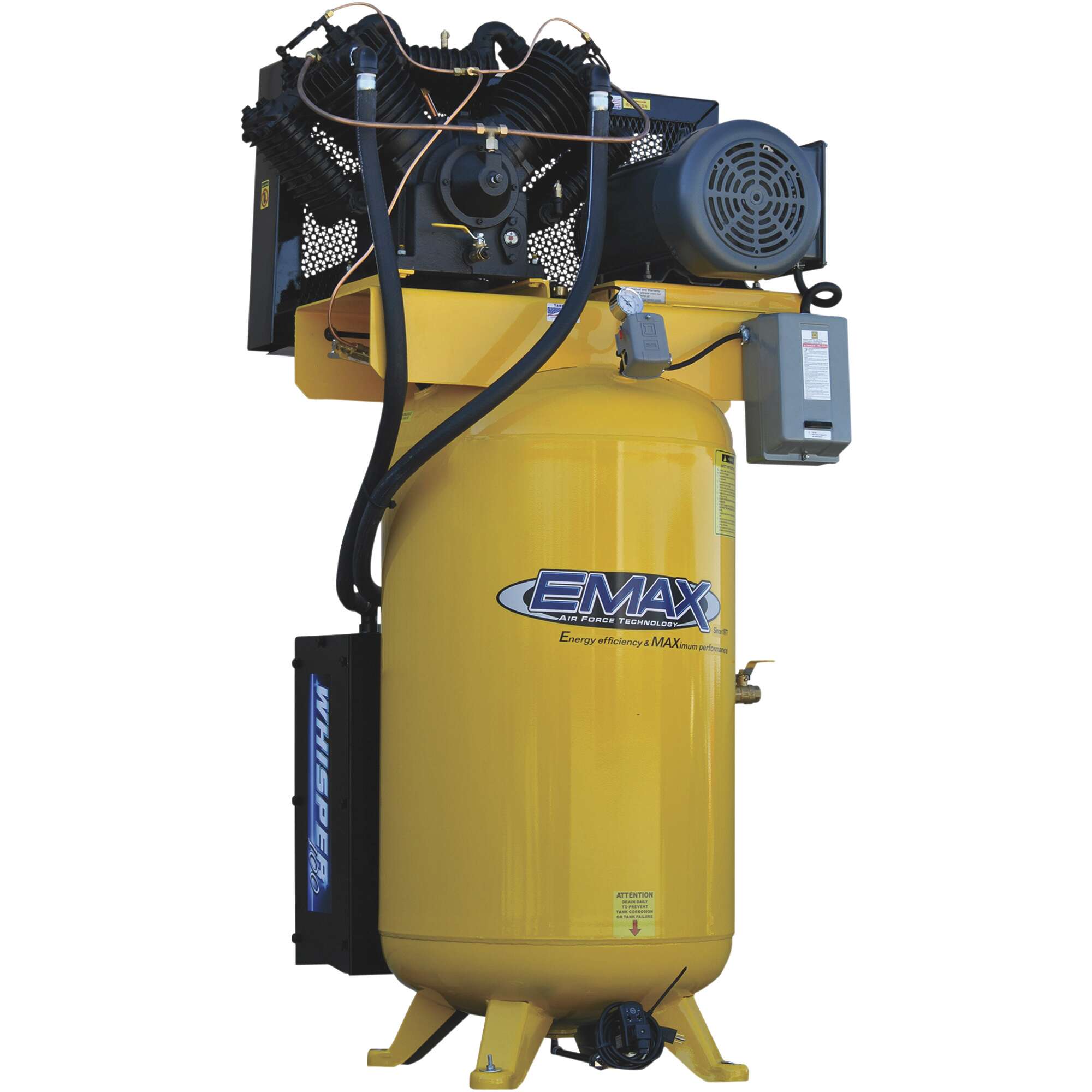 EMAX Industrial Plus Silent Air Pressure Lubricated 2 Stage Piston Air Compressor 10 HP 230 Volt 1 Phase 80 Gallon Vertical