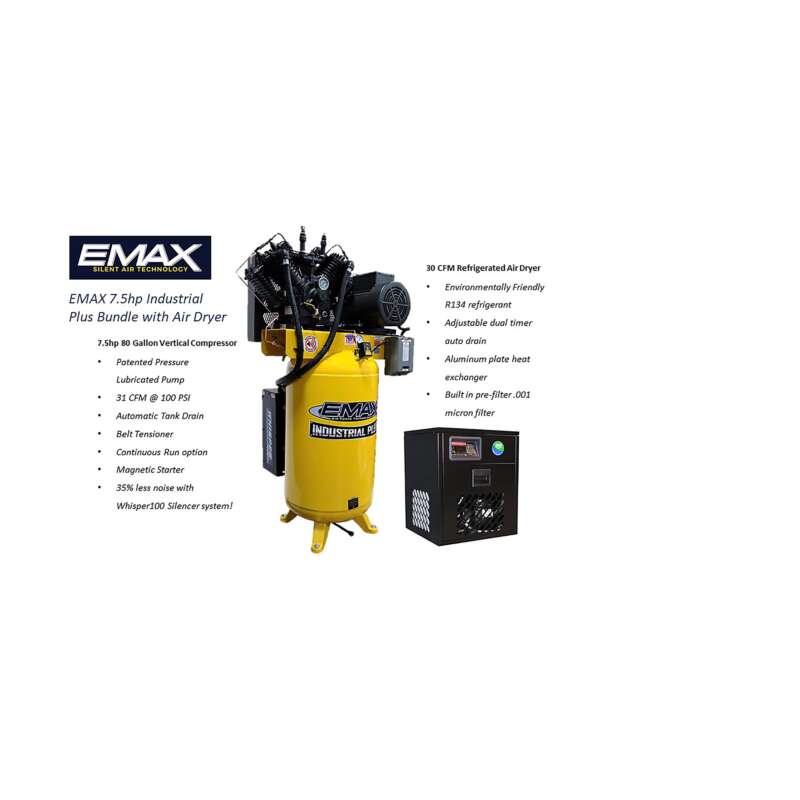 Emax Silent 3PH Vertical Compressor 30CFM Dryer Bundle Horsepower 7.5 HP Air Tank Size 80 Gal Volts 230 460