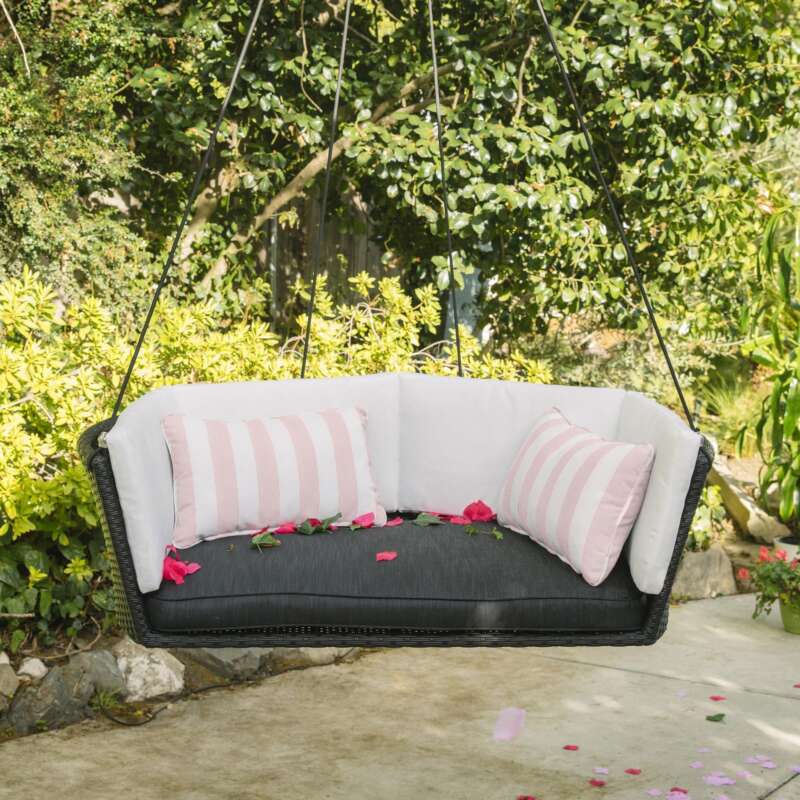 Novogratz Loveseat Swing Pink Striped Cushion Black Wicker Primary Color Pink Material Steel Width 40 in