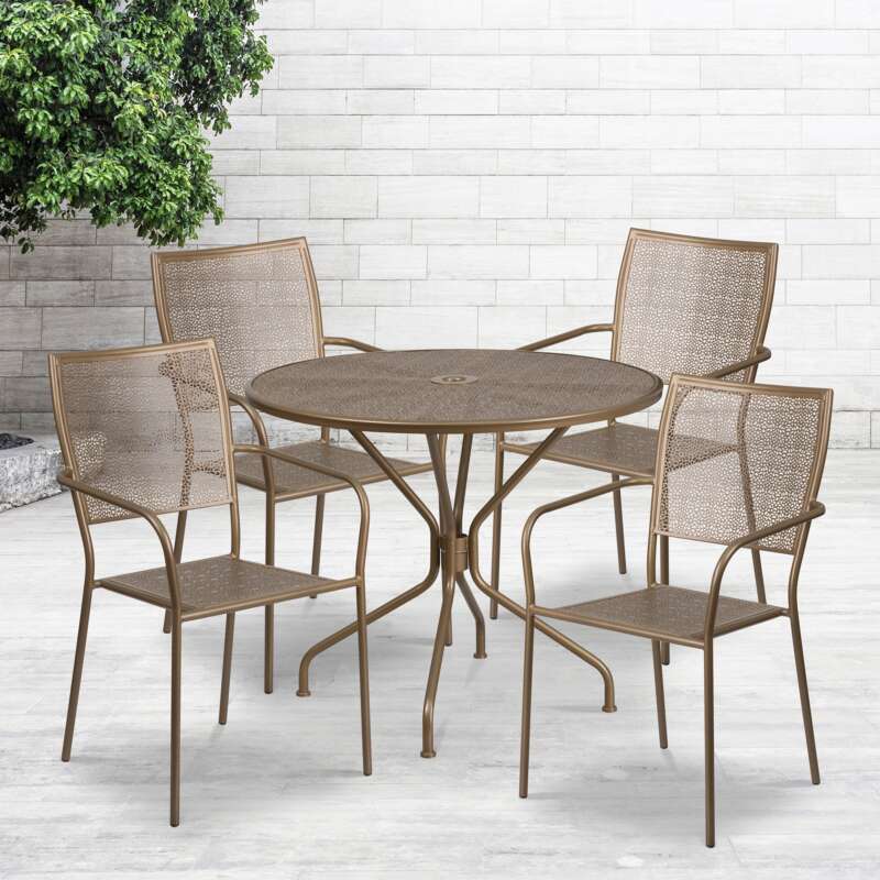 Flash Furniture 35.25in Round Metal Patio Table Set with 4 Square Back Chairs