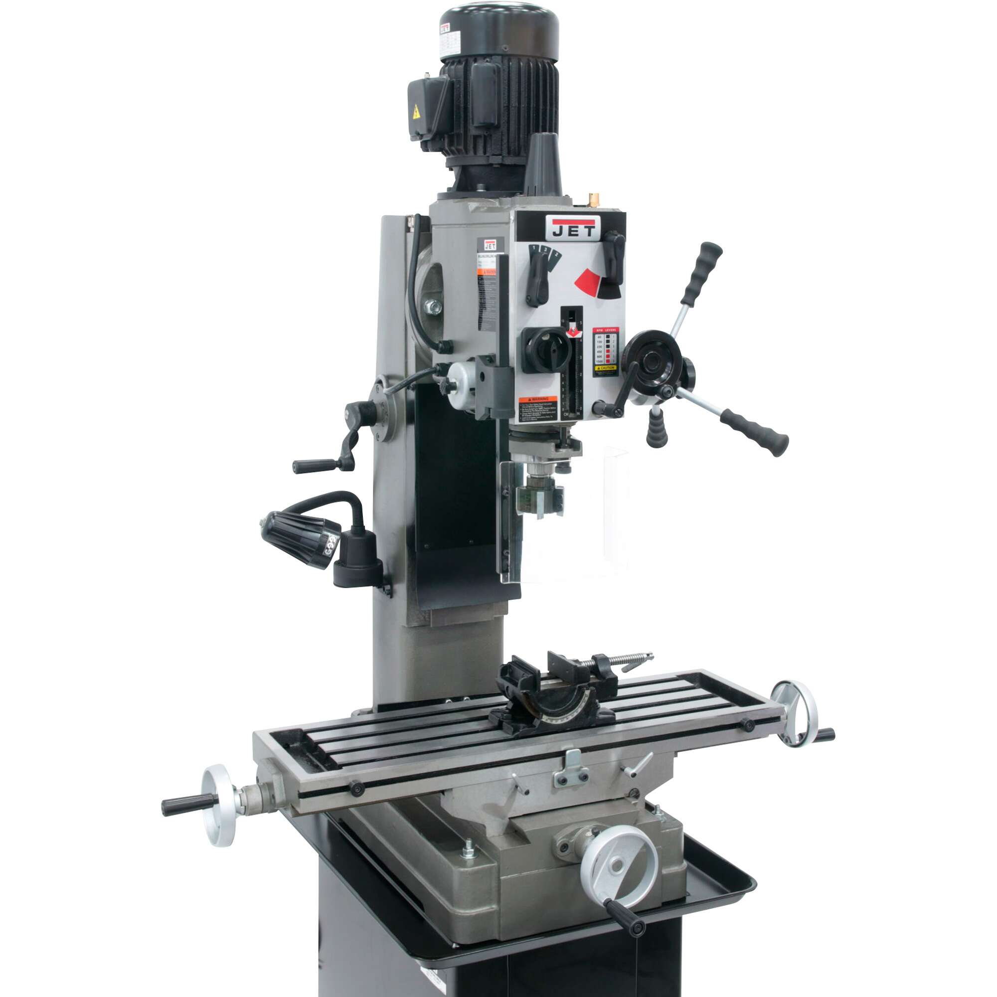 JET Geared Head Square Column Mill Drill with Newall DP 500 2 Axis DRO and X Powerfeed 1 1 2 HP 115 230V